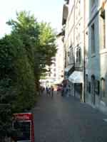 Looking down a sloped street with foliage on left and shops on right