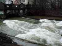 Urban river with whitewater and large standing wave